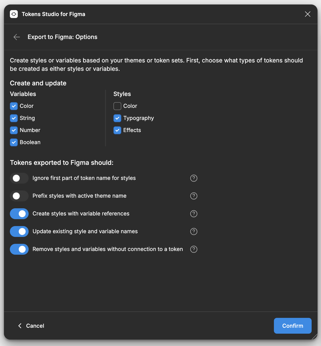 Skjermbilde som viser valgte innstillinger i Tokens Studio. Under variabler er alt slått på. Under styles er color slått av. Under export er "Ignore first part of token name for styles" og "Prefix styles with active theme name" slått av 